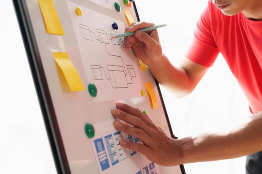 UX Developer and ui designer brainstorming about app interface design at modern office. Creative digital development agency photo