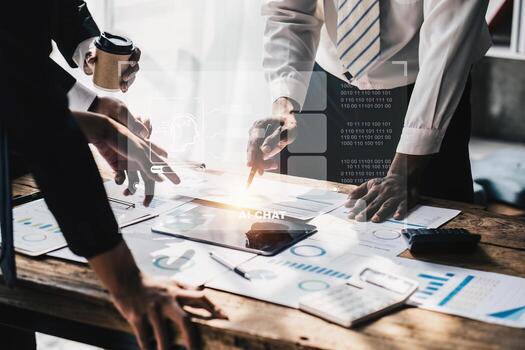 Chatbot Chat with AI, Artificial Intelligence. Business woman using technology smart robot AI. Futuristic technology transformation. photo