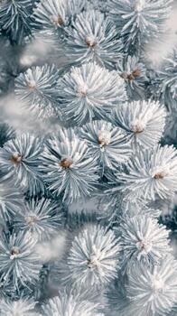 Frosted pine branches create a winter wonderland effect in a serene forest. photo