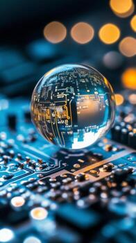 Close-up of a glass orb resting on a circuit board with illuminated connections and reflections. photo