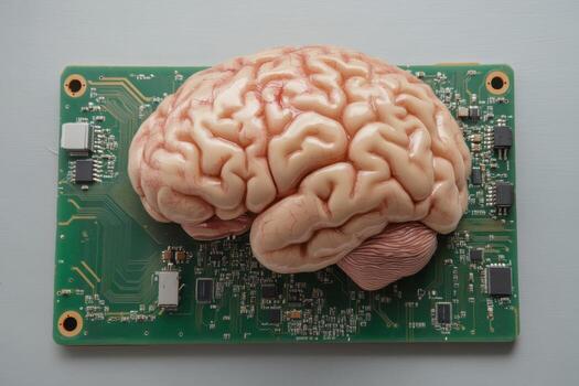 Brain model on circuit board representing the intersection of neuroscience and technology. photo