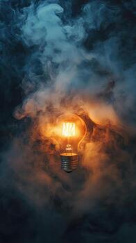 ligero bulbo brillante calurosamente en medio de arremolinándose fumar en un oscuro ajuste. foto