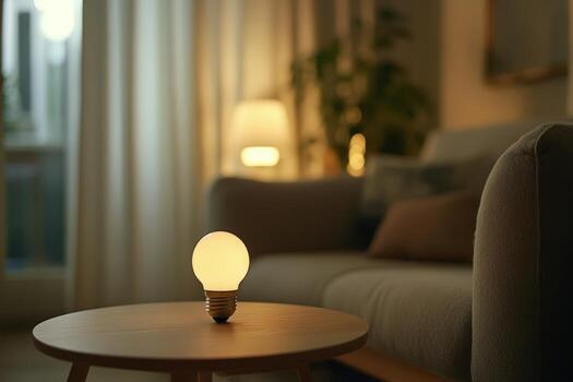 suave resplandor de un decorativo ligero bulbo esclarecedor un acogedor comida mesa ajuste. foto