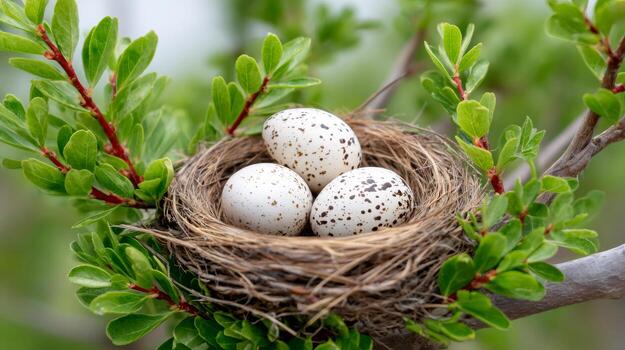 Bird eggs nesting in a tree branch in spring photo