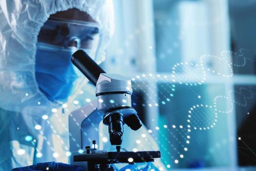 Scientist examining samples closely with microscope in laboratory setting photo