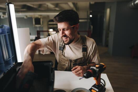 Skilled worker engaging in hands-on activity in workshop with tools and projects during evening hours photo