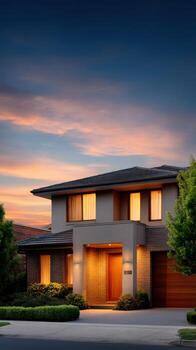 Modern house with elegant design at sunset with warm lighting photo