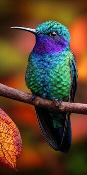 Exotic hummingbird with colorful feathers perched on a branch in a vibrant setting photo