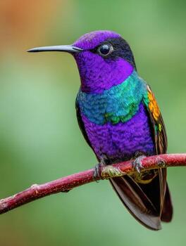 A colorful hummingbird perched on a branch photo