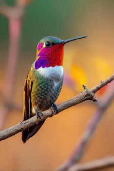 Exotic hummingbird perched on a branch showcasing brilliant multicolored feathers photo