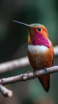 Vibrant hummingbird perched quietly on a branch in a lush green setting photo