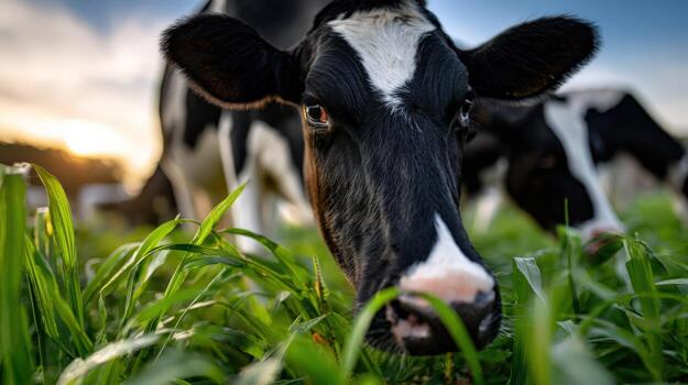 A cow is standing in the grass with its head facing the camera photo