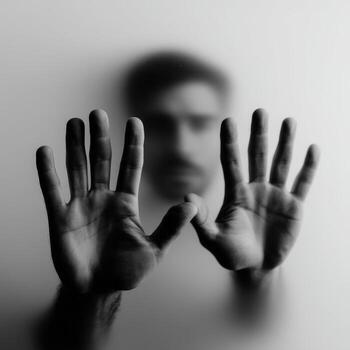 A man is holding his hands up in front of a blurred background photo