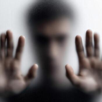 A man is holding his hands up in front of a glass window photo