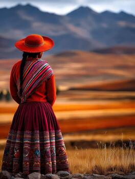 A woman in a colorful dress and hat stands in front of a mountain range photo
