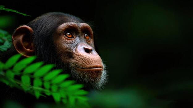 A chimpanzee is looking out from behind some leaves photo