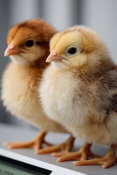 Two small brown and white chicks standing on a scale photo