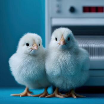 Two baby chickens are standing next to a computer photo