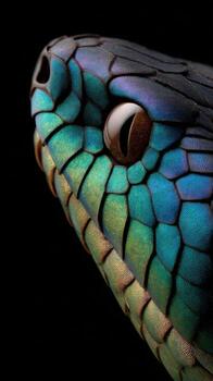 A close up of a snake's head with a blue and green pattern photo