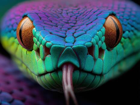 A close up of a colorful snake's head photo