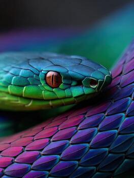 A close up of a colorful snake with its head on the ground photo