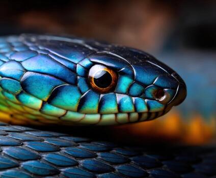 A close up of a colorful snake with blue and green stripes photo