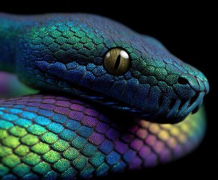 A snake with a rainbow colored pattern on its body photo
