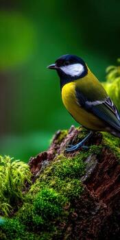 A yellow and black bird is sitting on a moss covered log photo