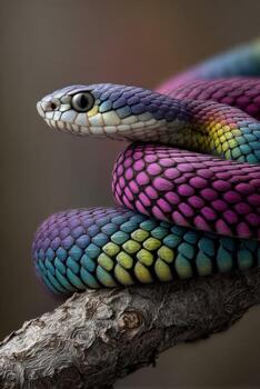 A colorful snake with a black and white pattern photo
