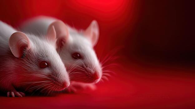 Two white mice are sitting on a red background photo