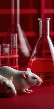 Two white mice are sitting next to a glass flask photo