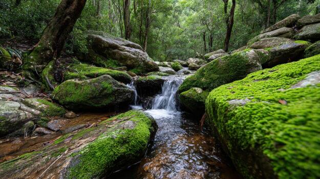 A stream running through a forest with mossy rocks photo