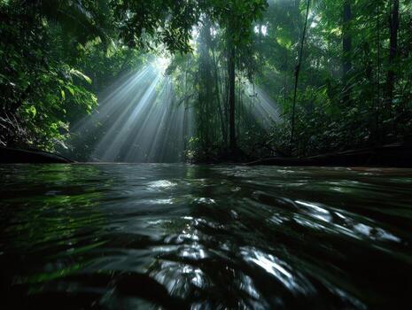 Sunbeams shine through the trees in a tropical forest photo