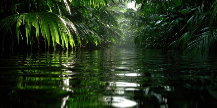 A river in the jungle with water and palm trees photo