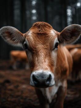 un vaca mirando a el cámara en un bosque foto