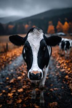 un vaca en pie en el medio de un campo foto