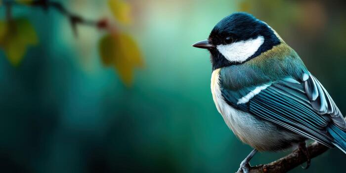 A bird sitting on a branch with a green background photo