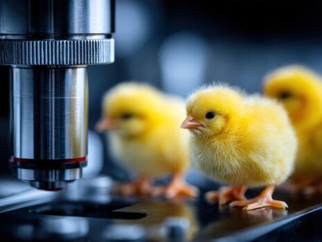 A group of small yellow chicks are standing on a table photo