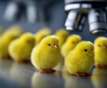 A group of small yellow chicks are standing in front of a microscope photo