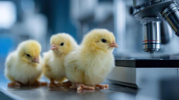 Three baby chickens are standing in front of a microscope photo
