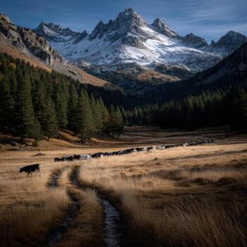 A herd of cattle walking in a field with mountains in the background photo
