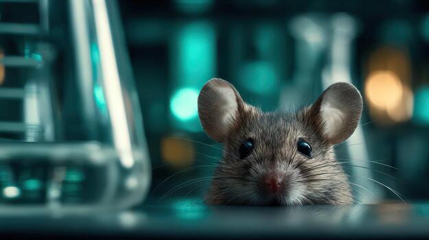 Mouse in laboratory with glassware photo