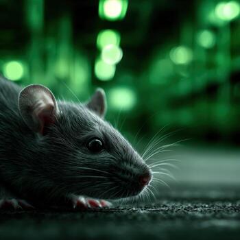 A rat is standing in front of a green light photo
