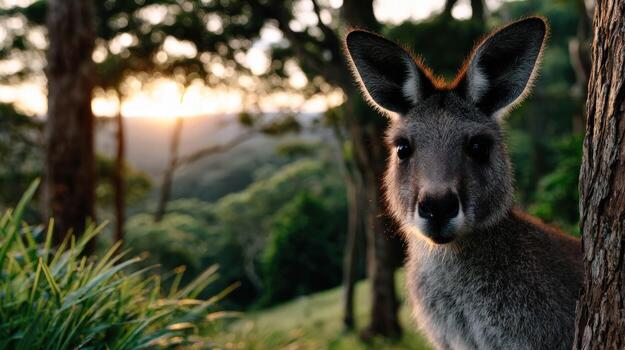 A kangaroo is looking at the camera in the forest photo