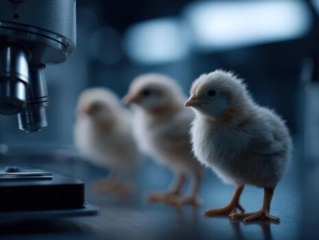 Three small chickens standing in front of a microscope photo