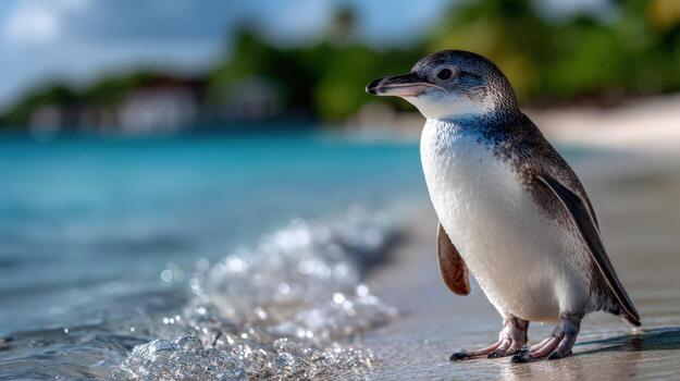 A little penguin standing on the beach near the ocean photo