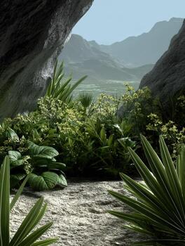 A scene of plants and rocks in a cave photo