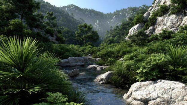 A 3d rendering of a stream in the mountains photo
