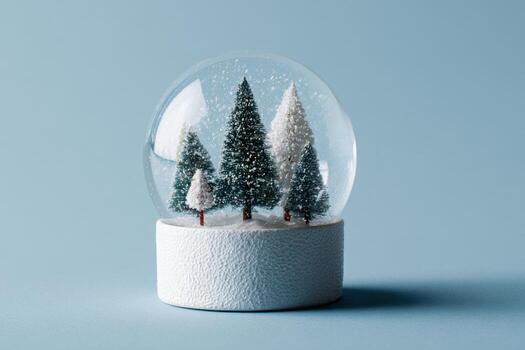Snow globe featuring miniature evergreen trees and a white base, capturing a serene winter scene with delicate snowflakes, perfect for holiday decorations and festive ambiance photo