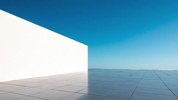 Minimal architecture with white walls and shadows under blue sky photo